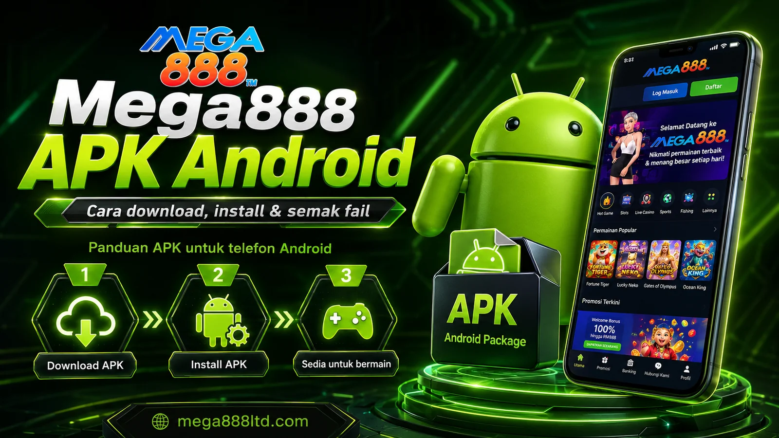 Banner panduan Mega888 APK Android dengan langkah download, install dan semakan fail