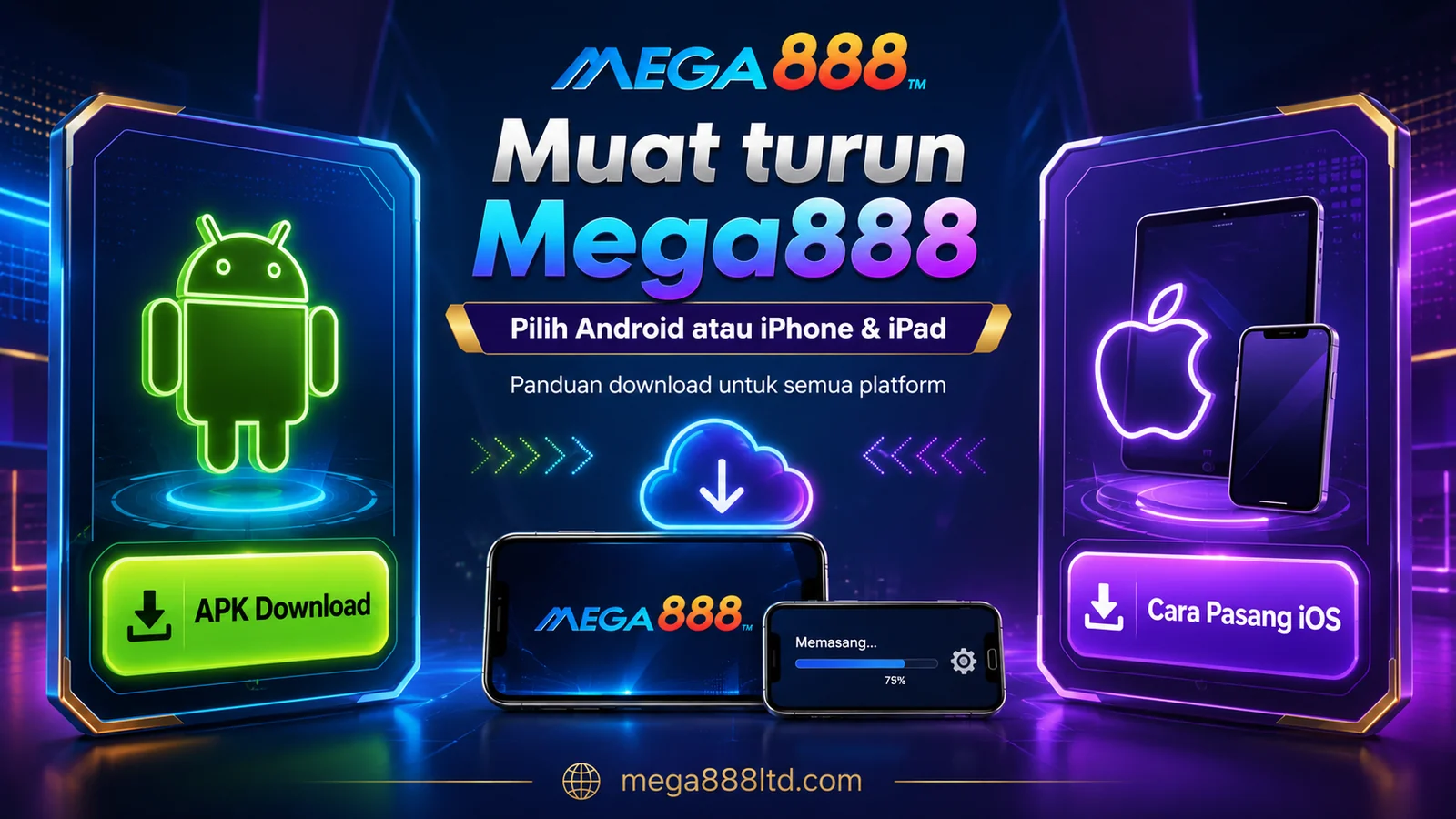 Banner pilihan download Mega888 untuk Android serta panduan pemasangan iPhone dan iPad