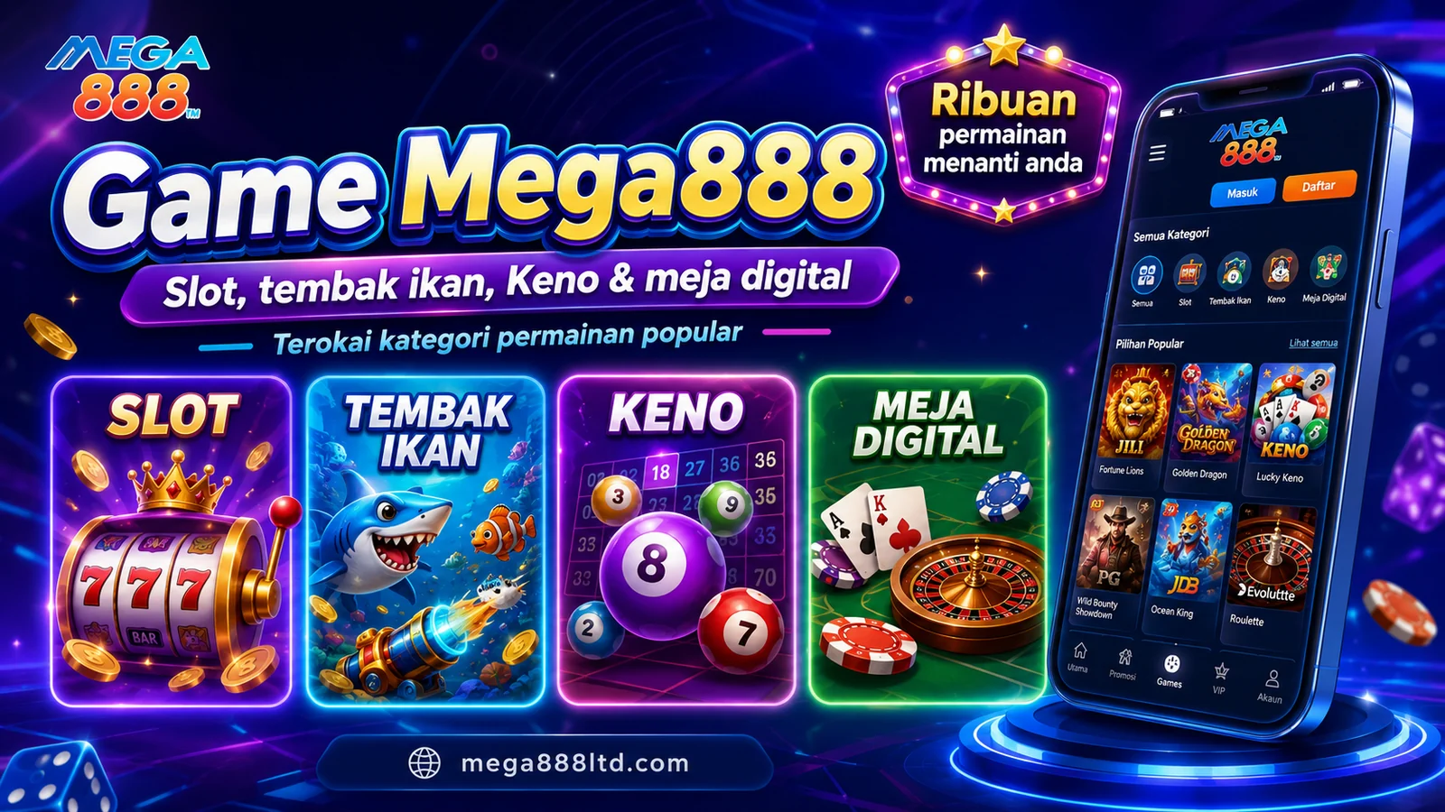 Banner kategori game Mega888 untuk slot, tembak ikan, Keno dan meja digital