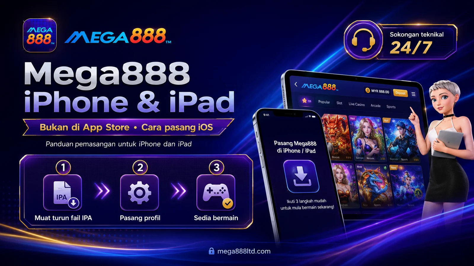 Banner panduan pemasangan Mega888 pada iPhone dan iPad di luar Apple App Store