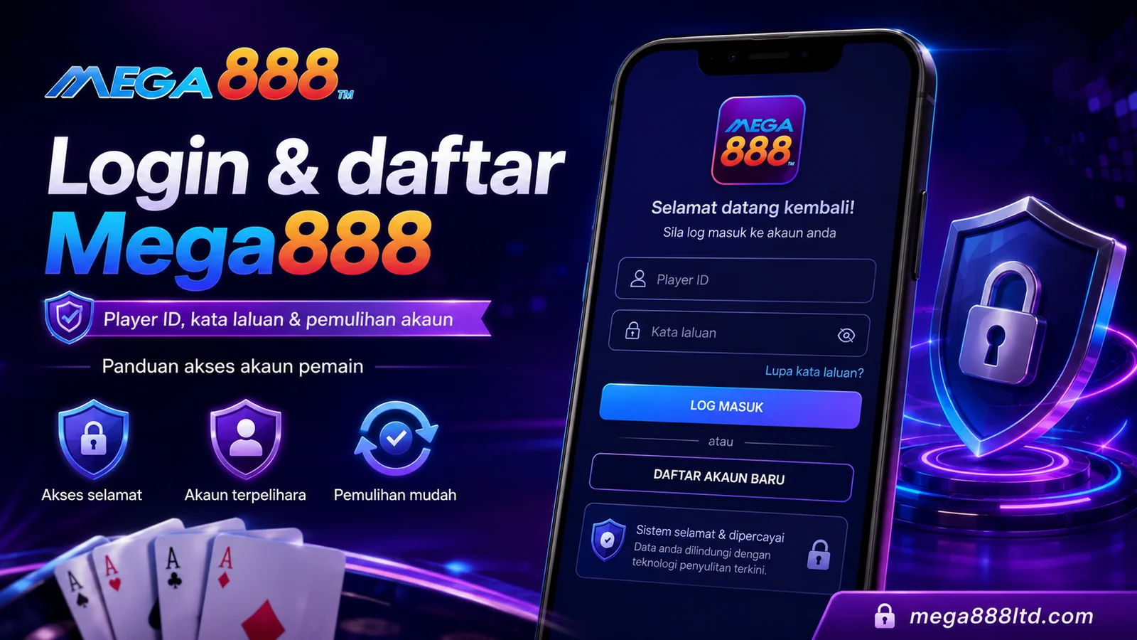 Banner Mega888 login dan daftar dengan skrin Player ID, kata laluan dan pemulihan akaun