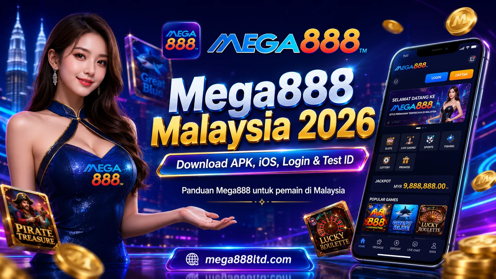 Banner Mega888 Malaysia 2026 dengan hos, aplikasi telefon dan pilihan download, login serta Test ID