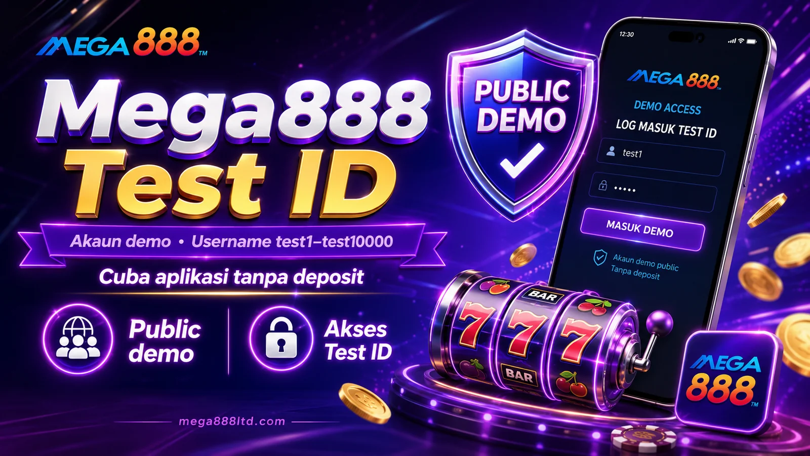 Banner Mega888 Test ID dengan akses demo awam dan contoh skrin login